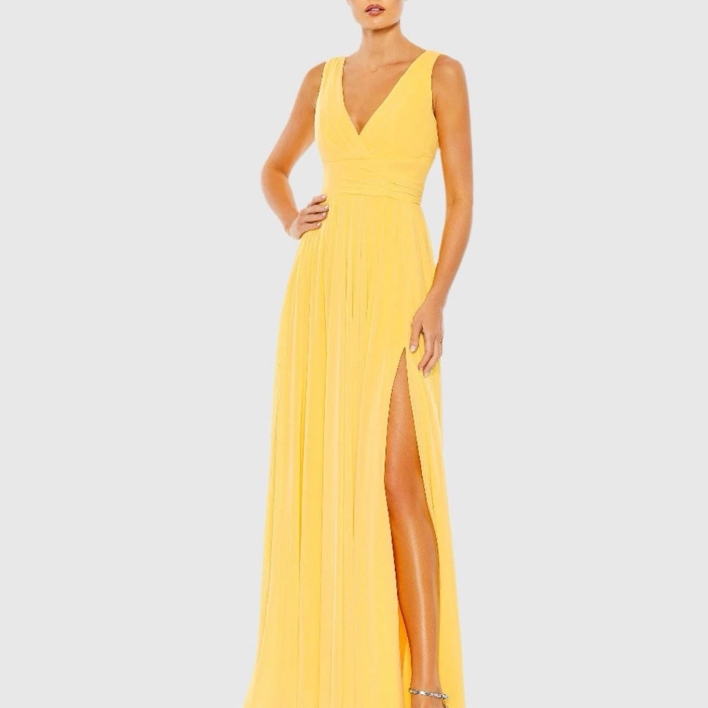 MacDuggal Yellow Chiffon Sleeveless Wrap Over A Line Gown